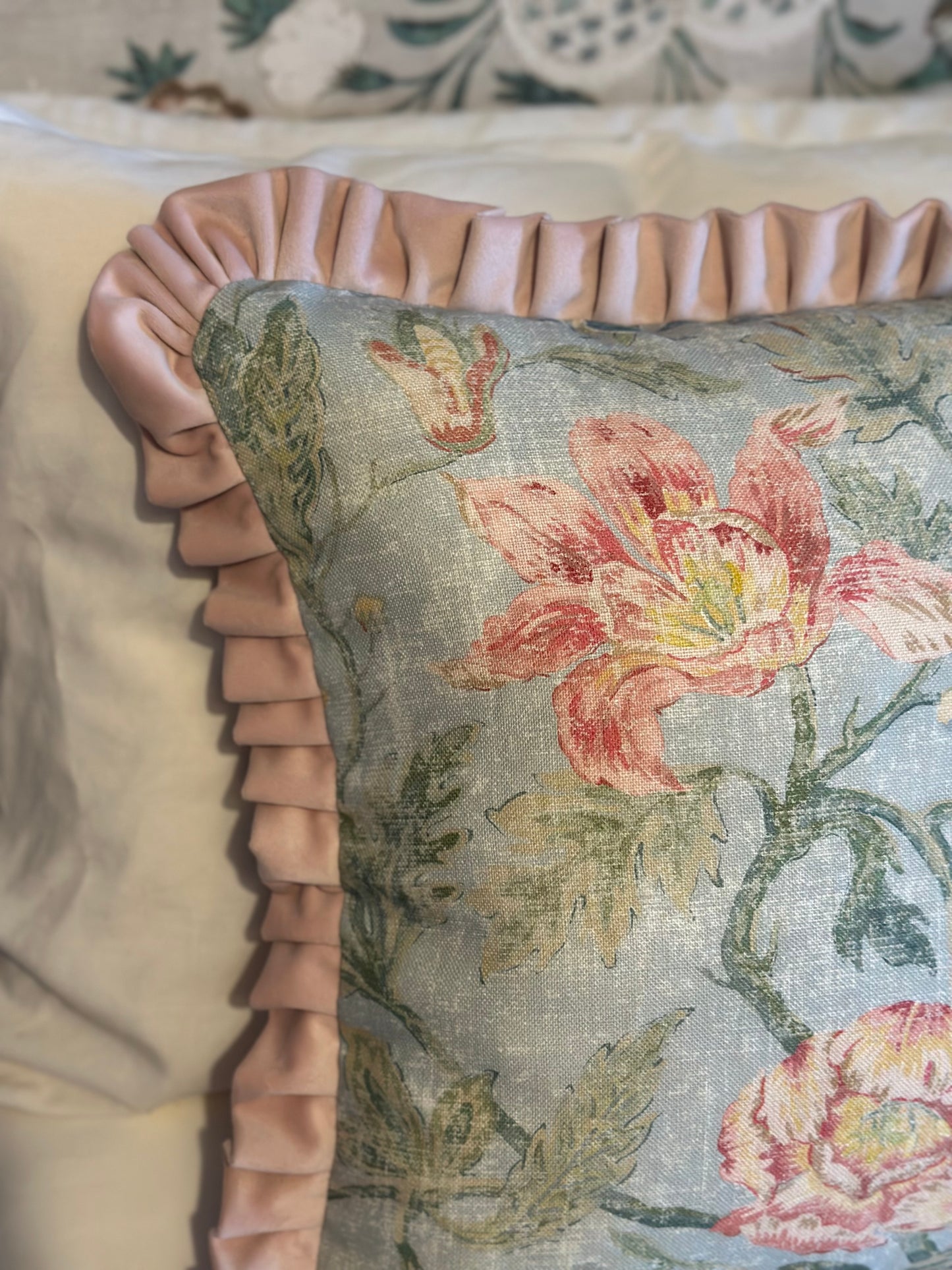 Colefax and Fowler Tapestry Garden Old Blue Ruffle Cushion