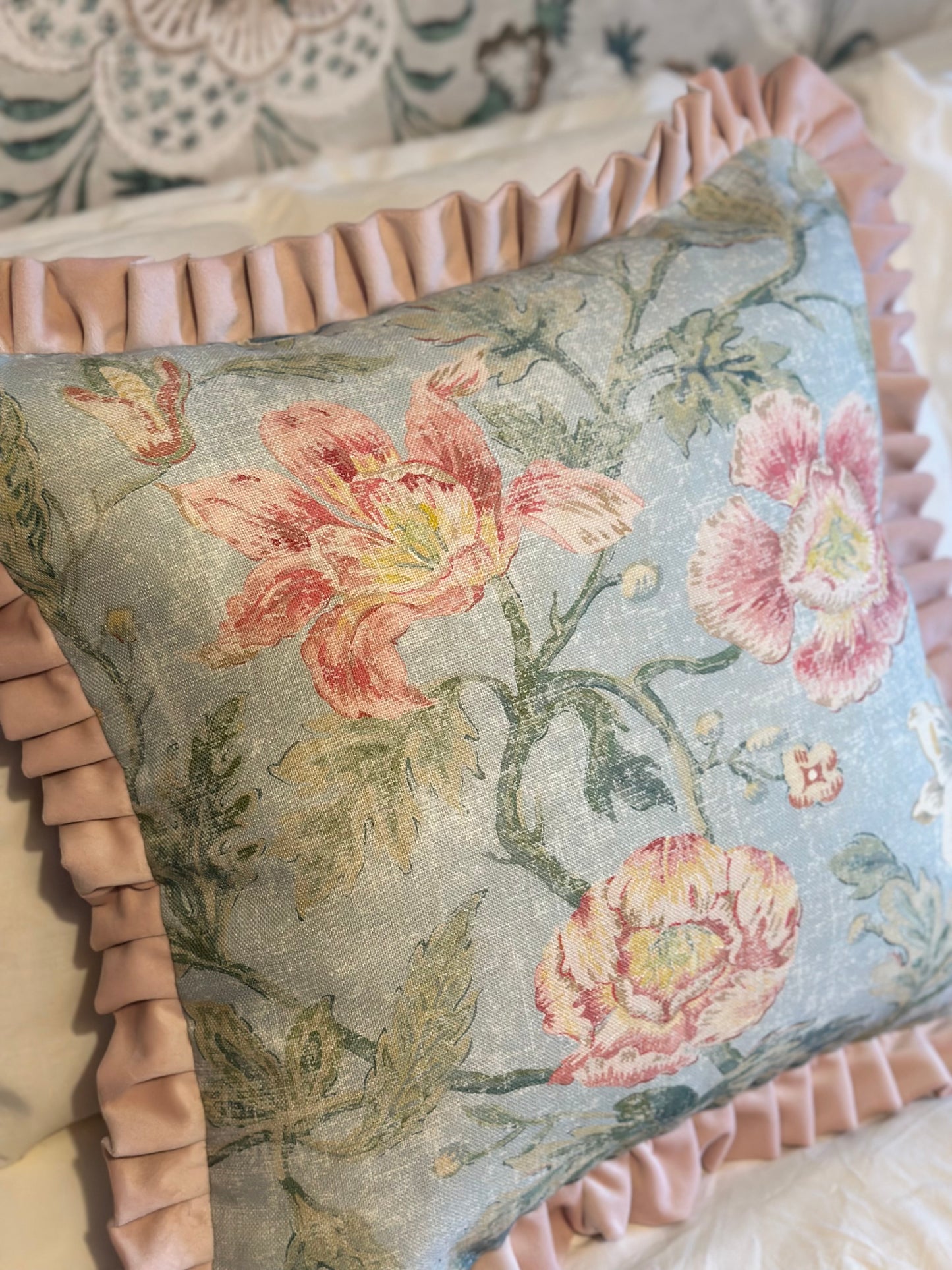 Colefax and Fowler Tapestry Garden Old Blue Ruffle Cushion
