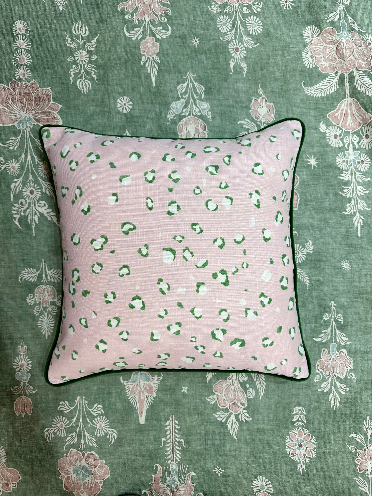 Leopard Print Pink Cushion with Green Velvet Piping