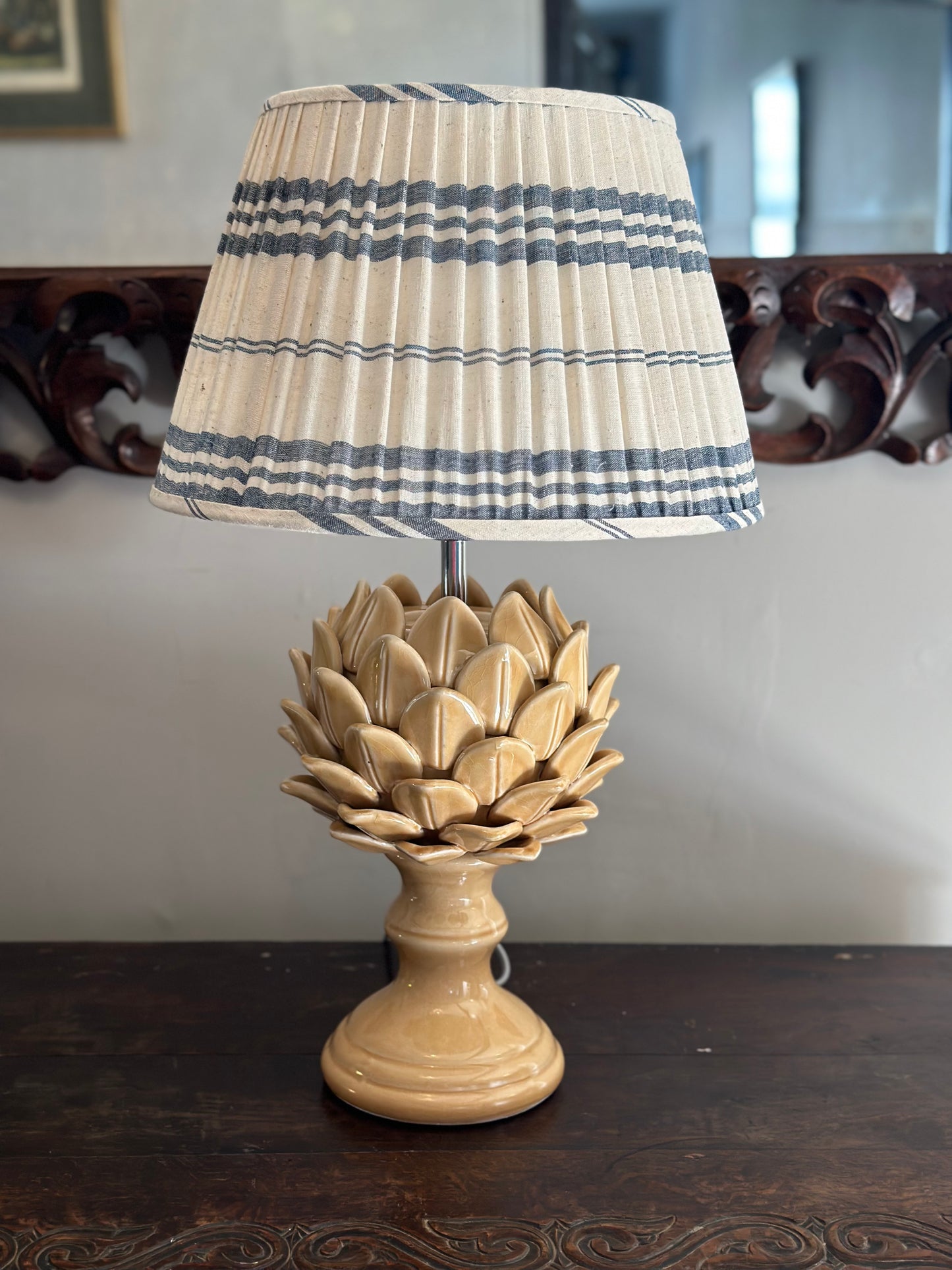 White and Blue Stripe Organic Cotton Gathered Lampshade