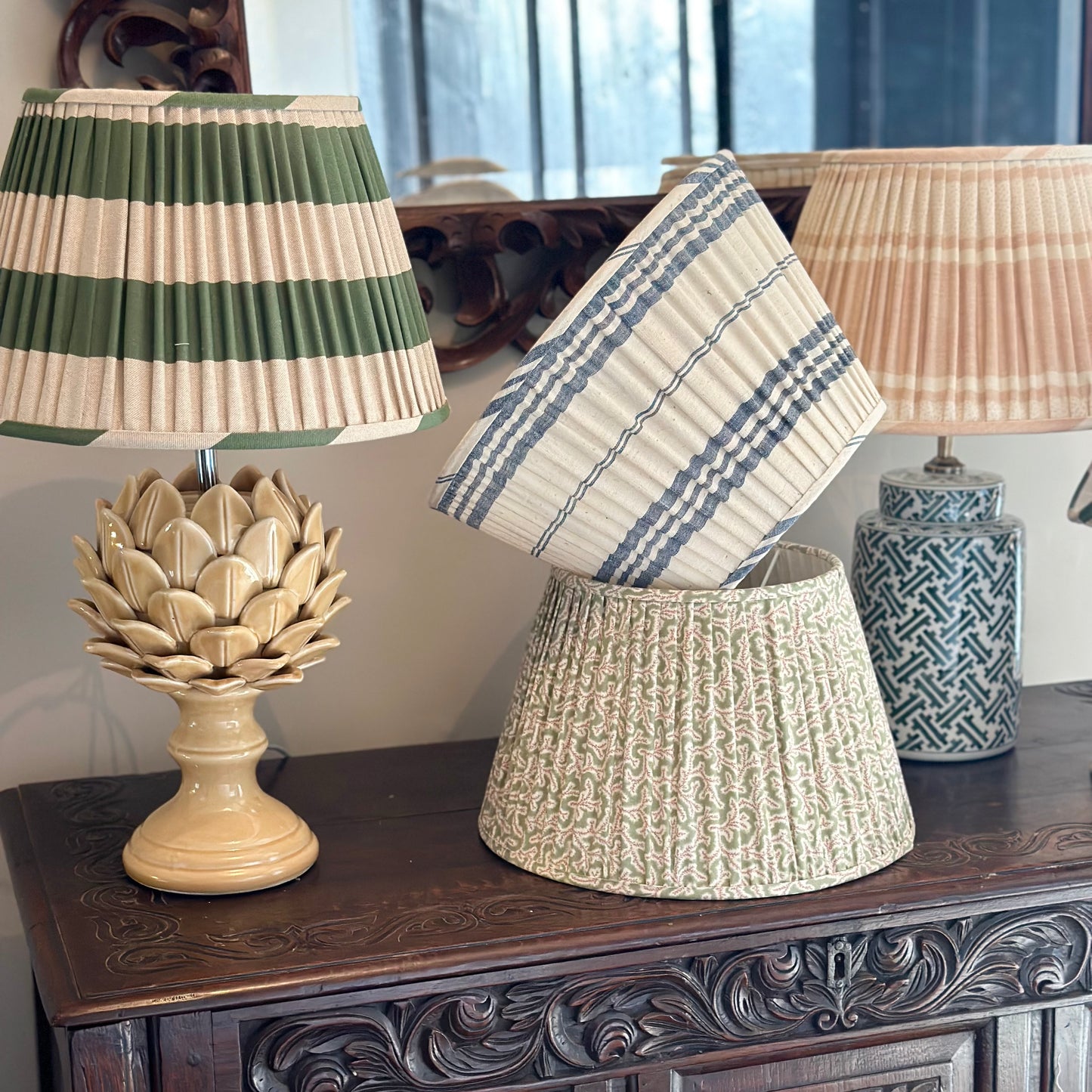 White and Blue Stripe Organic Cotton Gathered Lampshade