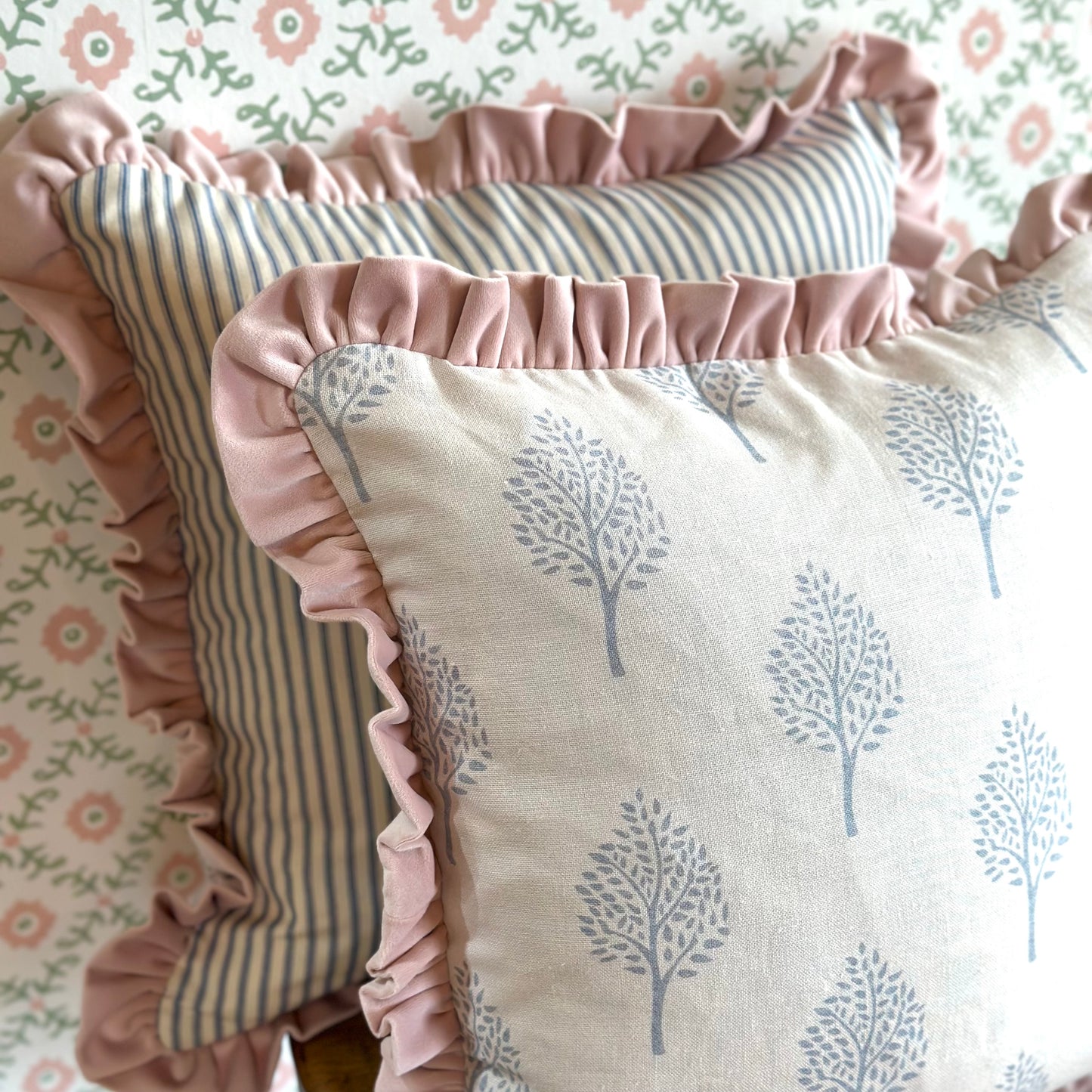 Peony and Sage Pink Ruffle Cushions