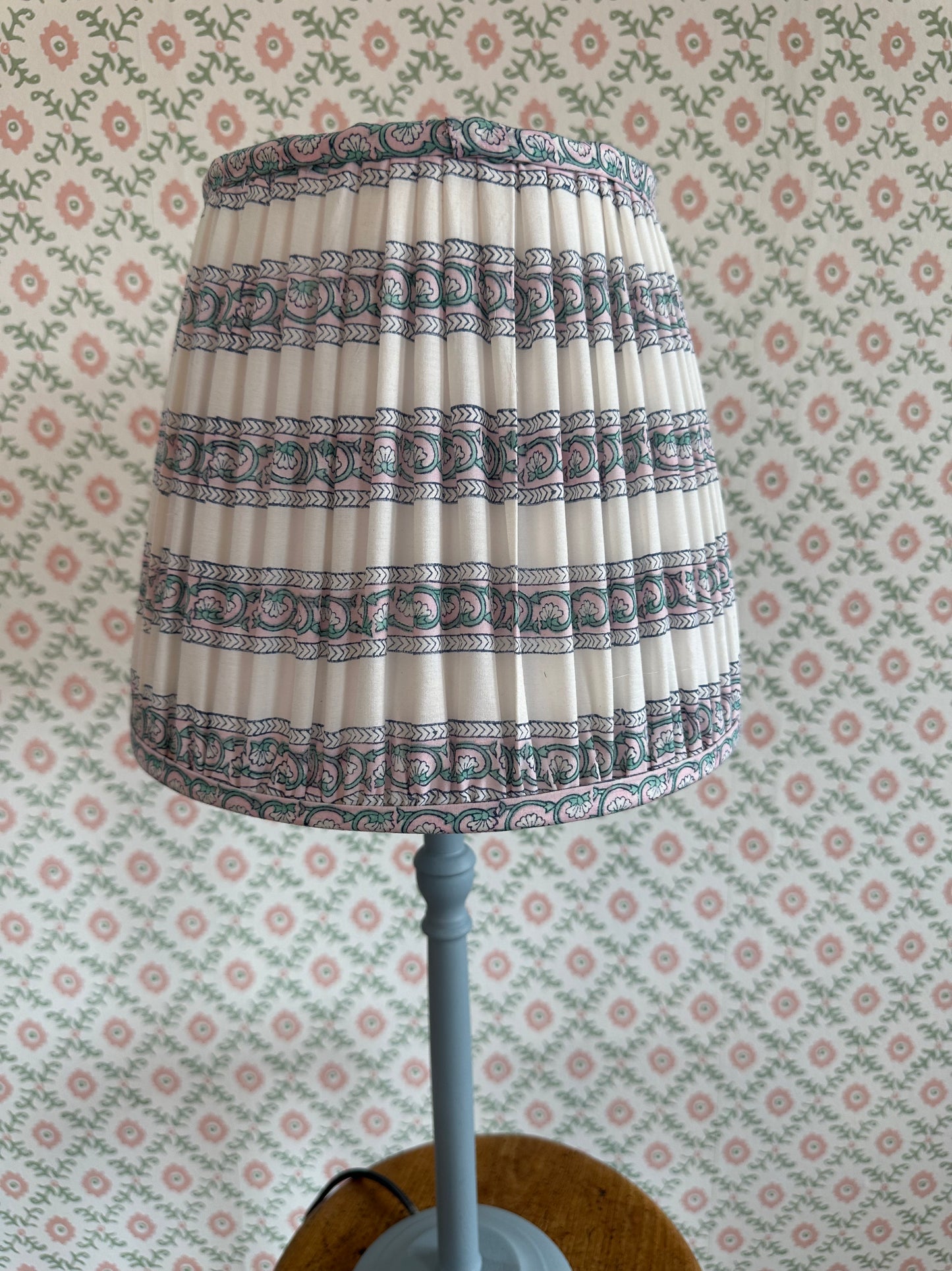 Blue and Pink Block Print Gathered Lampshade 12"