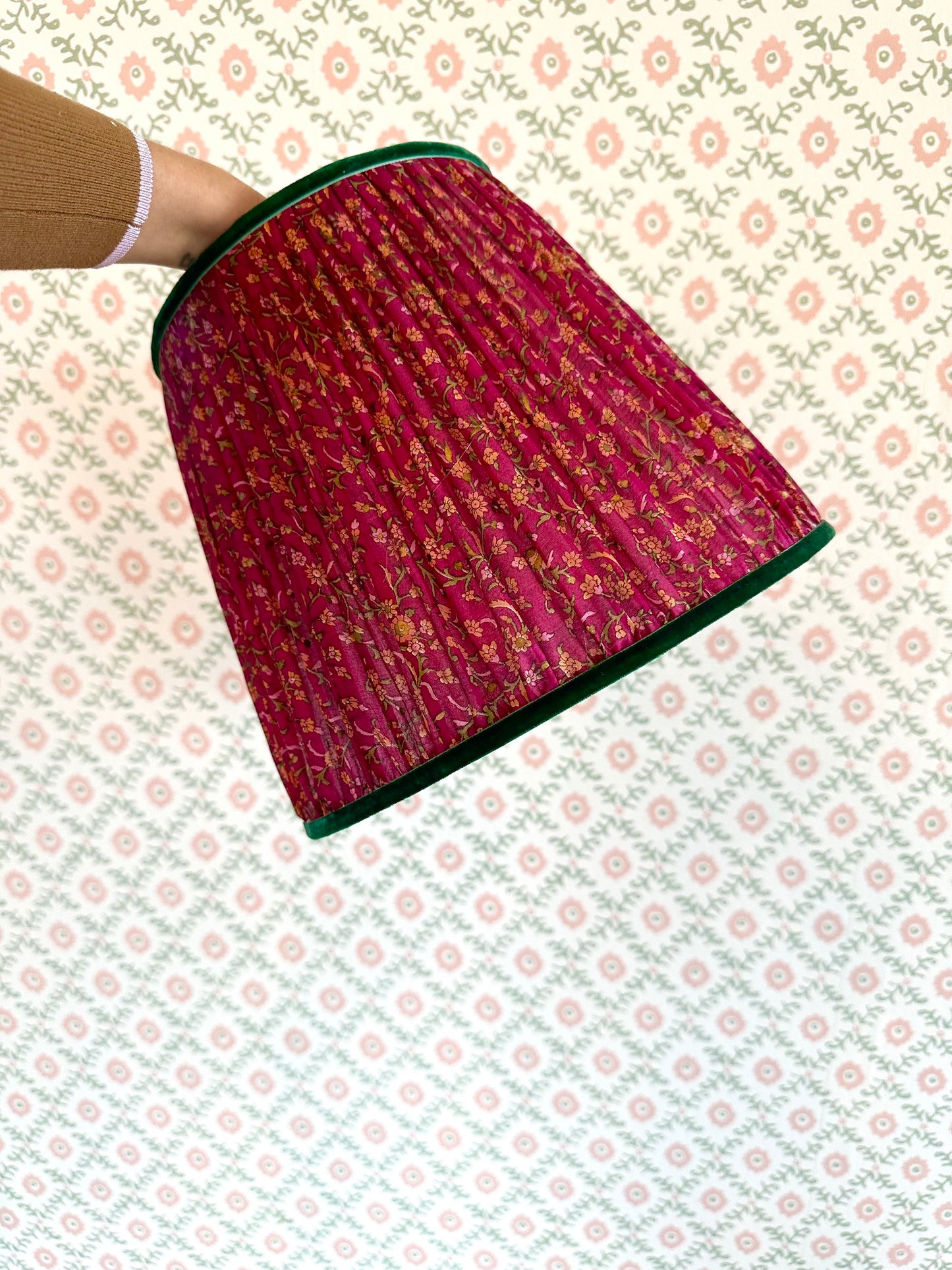 Pink and Green Vintage Sari Lampshade 12"